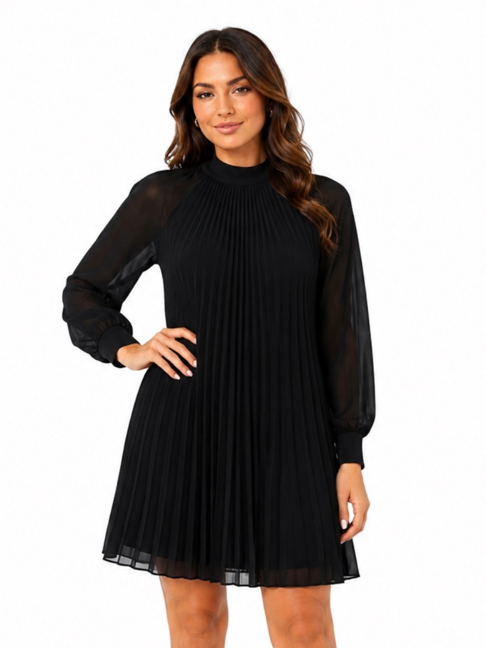 Paper Crane Black Pleated Long Sleeve Chiffon Dress - size Small